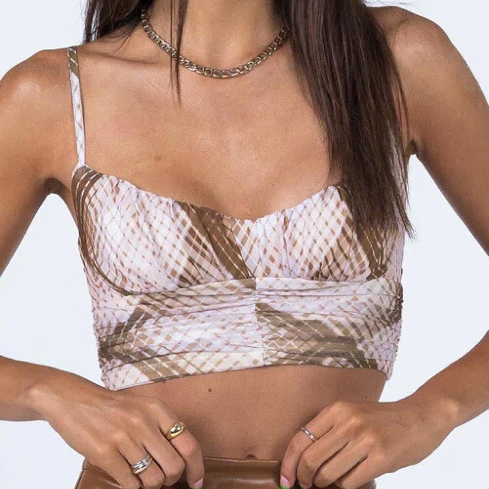 Princess Polly Coraline Plaid Corset Top Brown Beige Mesh Ruched Dark Academia 2